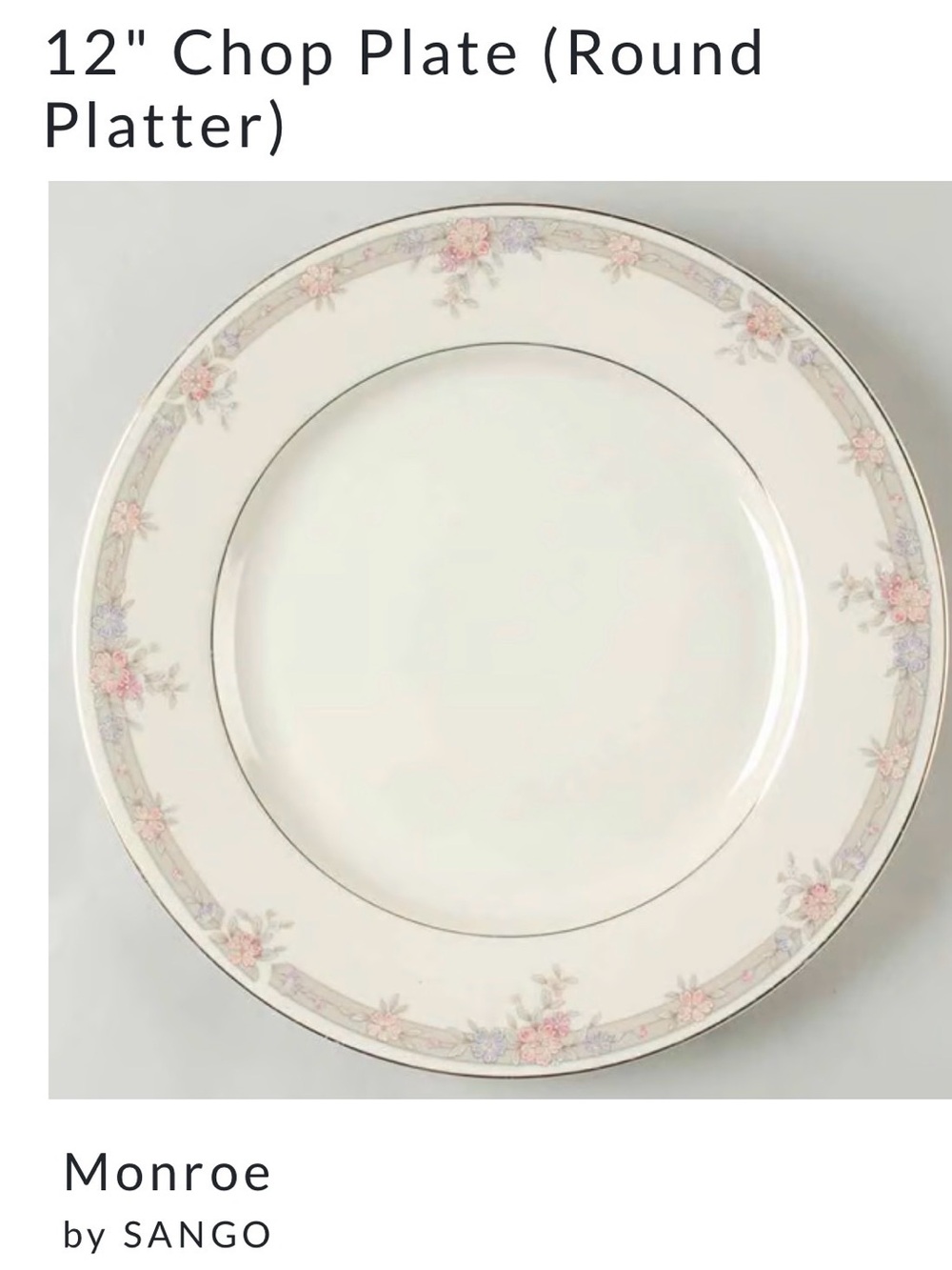 Sango Monroe China 12” Chop Plate Serving